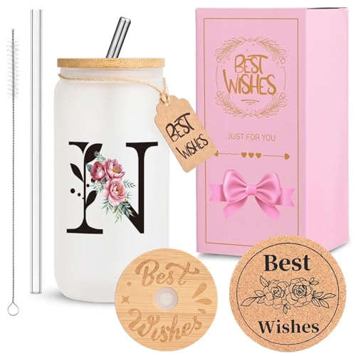 16oz Monogrammed Frosted Glass Tumbler with Lid Straw & Gift Set - Initial N