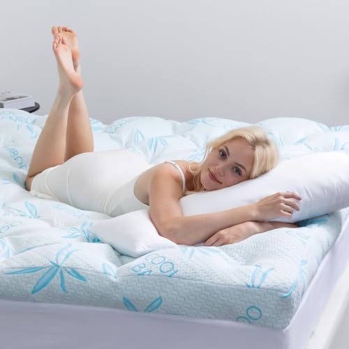Queen Blue Memory Foam Mattress Topper with Cooling Bamboo Cover - 4 Inch