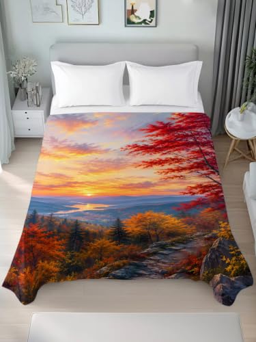 California King Flat Sheet - Fall Orange Red Watercolor Maple Leaves Bedding