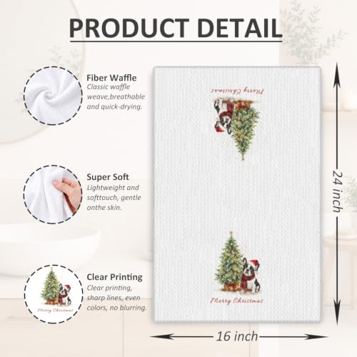 Christmas Tree French Bulldog Kitchen Dish Towels 16x24 Inch - Festive Decor