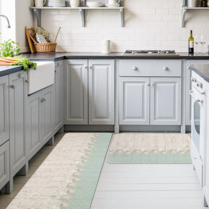 Beach Kitchen Rugs Set of 2 - Mint, Seafoam, Sand, Cream, 40x60 + 40x120 Inches