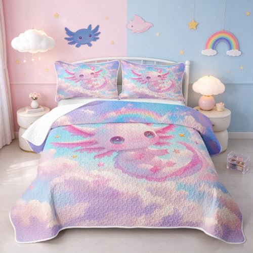 Colorful Axolotl Quilted Bedspread for Twin Bed - Galaxy Cloud Pattern