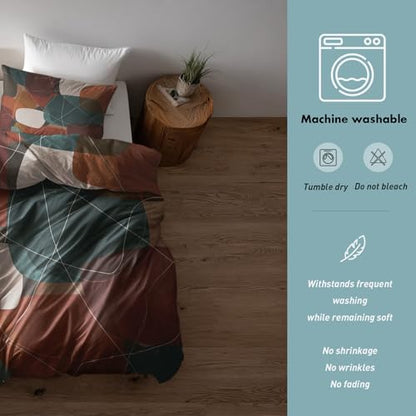 Geometric Abstract Duvet Cover Set Queen Size 3 Piece Terracotta & White