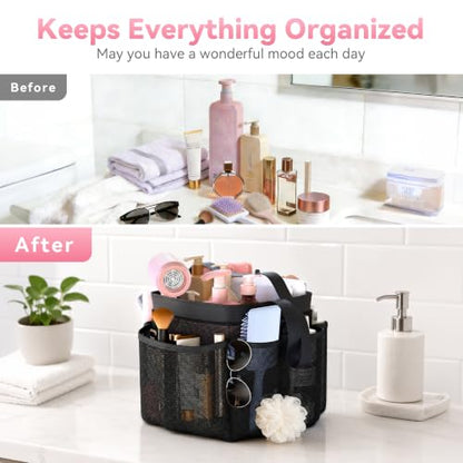 Portable Mesh Shower Caddy with One Handle - Black, 8-Pocket Dorm & Beach Organizer