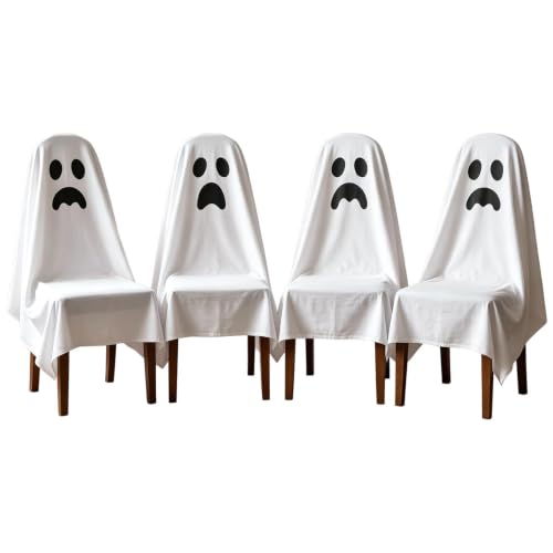 Halloween Ghost & Pumpkin Chair Covers Set - 4 Pieces, Festive Seat Wraps (Variation of Ghost)