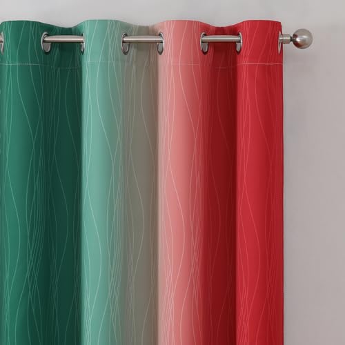 Green and Red Ombre Blackout Curtains 52x96 Inches - Pack of 2 - Modern Room Darkening Drapes with Wavy Line Design