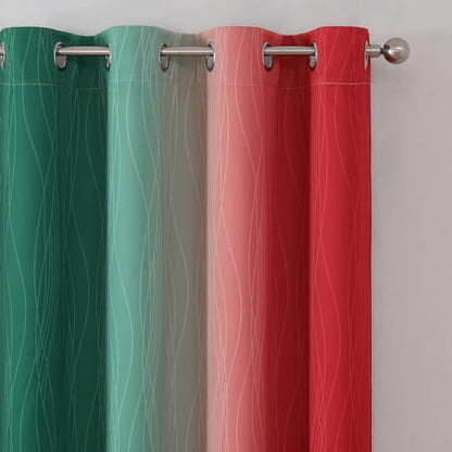 Green and Red Ombre Blackout Curtains 52x96 Inches - Pack of 2 - Modern Room Darkening Drapes with Wavy Line Design