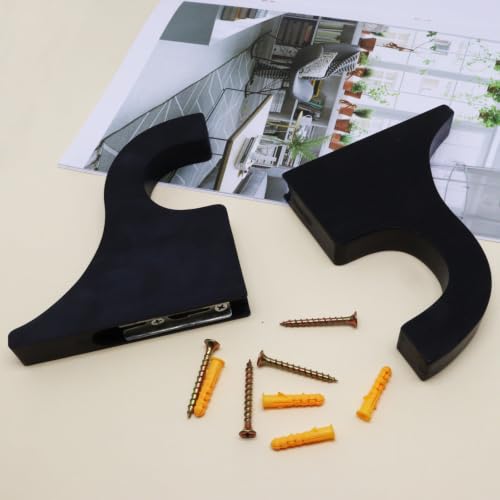 Black Wooden Curtain Rod Brackets Set of 2 - Heavy Duty Wall Mount Holders