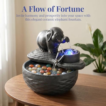 Ceramic Elephant Water Fountain with LED Light and Crystal Accents - Small Indoor Decor