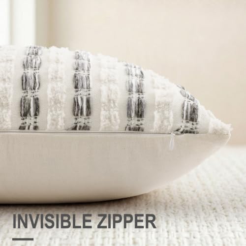 DecorUhome Grey & Cream Chenille Tufted Stripe Throw Pillow Covers 18x18 Set of 2