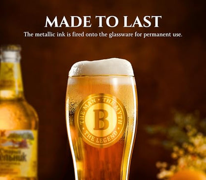 Personalized Beer Glass for Men with Initial - Custom Alcohol Gift for Beer Lovers - The Man The Myth The Legend