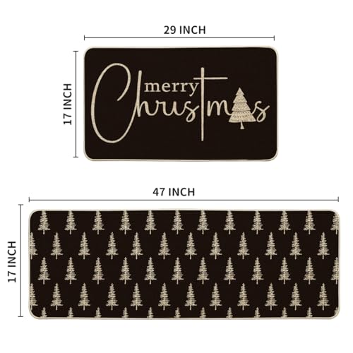 Christmas Tree Kitchen Mats Set of 2 - Black Xmas Tree Holiday Decor, 17x29 & 17x47 Inches
