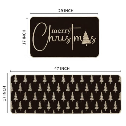 Christmas Tree Kitchen Mats Set of 2 - Black Xmas Tree Holiday Decor, 17x29 & 17x47 Inches