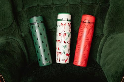 Christmas Water Bottle with Straw & Handle - 24oz Bow Design - Ribbon Wonderland Variation