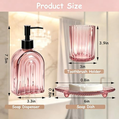 Glass Bathroom Accessories Set - 4 Piece Pinkish Tumbler Soap Dispenser & Dish