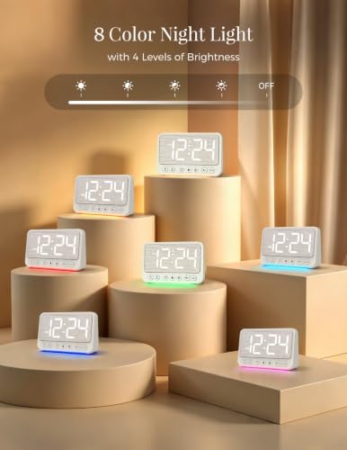 Topski Digital Alarm Clock with Night Light - White Bedside Clock with 8-Color LEDs & USB Charging