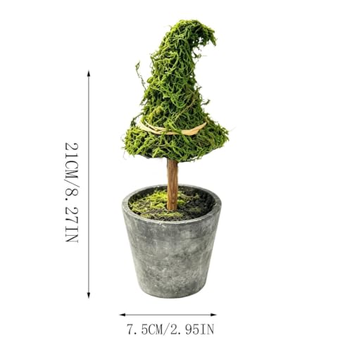 Artificial Moss Witch Hat Topiary Tree in Pot - Gothic Halloween Decor, Green & Brown