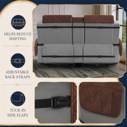Coffee Waterproof Loveseat Recliner Cover with Center Console and Straps - 2 Seater