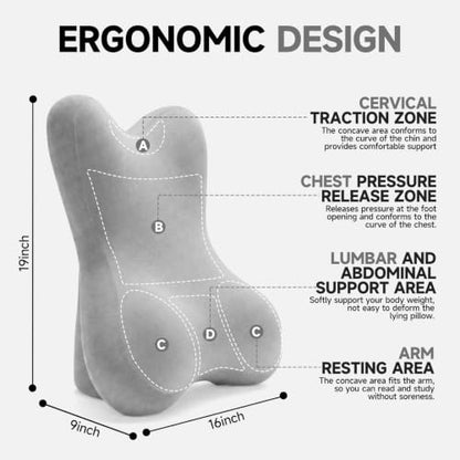 24-Inch Light Gray Back Pillow with Adjustable Headrest - Ergonomic Support for Sitting & Reclining