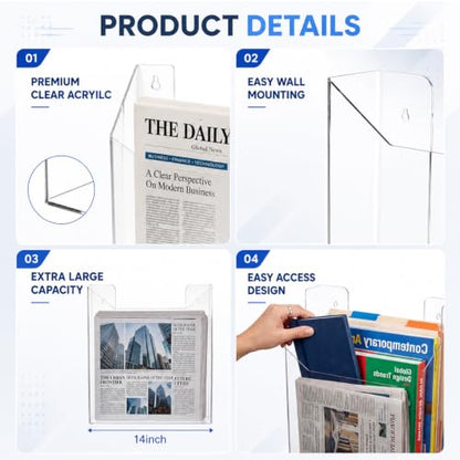 14 Inch Acrylic Brochure Holder Display Stand - Clear Wall Mount & Countertop