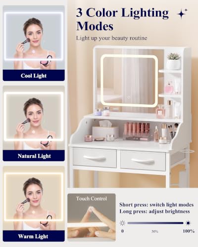 Kitsure 23.6W Small Vanity Desk with Mirror, Lights & Power Outlet - 15.8"D x 23.6"W x 50.6"H
