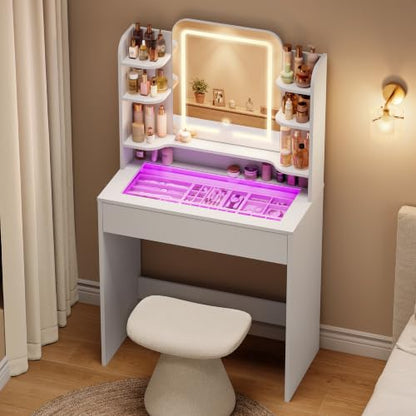 Small Vanity with Tempered Glass Top & RGB Drawer - White, 26.4W