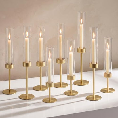 Set of 9 Gold Hurricane Glass Candle Holders with Taper Candlesticks - Varying Heights