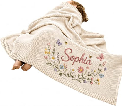 Personalized Floral Wreath Baby Blanket with Name Embroidery - Style 1