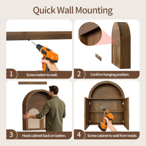 Walnut Arched Bathroom Wall Cabinet with Rattan Doors and Adjustable Shelves