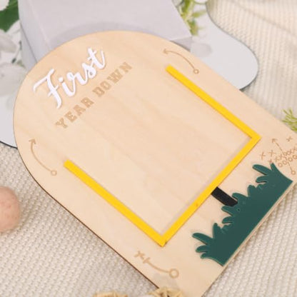 First Year Down Football Footprint Keepsake - Wooden Baby Milestone Gift - Variation Wood1