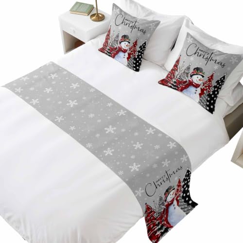 Queen Size Christmas Bed Runner with Pillow Covers - Gray Green Snowman & Pine Tree Pattern, 83x20 Inches - Holiday Decor