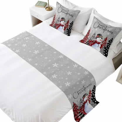 Queen Size Christmas Bed Runner with Pillow Covers - Gray Green Snowman & Pine Tree Pattern, 83x20 Inches - Holiday Decor