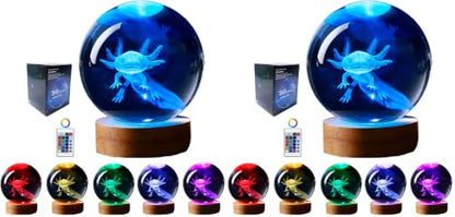 3.15 Inch Axolotl Night Light Crystal Ball with Wooden Base 16 Colors Change Remote Pack of 2