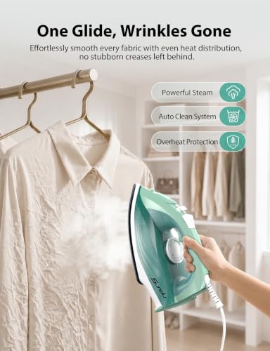 Sundu Steam Iron for Clothes - Light Green, Compact, Fast 15s Heat, Nonstick Soleplate