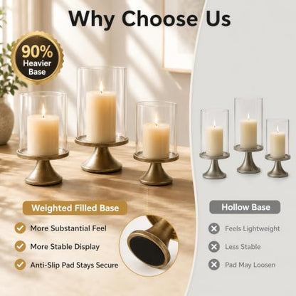 Set of 3 Hurricane Glass Candle Holders with Weighted Base for Pillar Candles