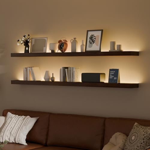 Walnut 60 Inch LED Floating Wall Shelves Set of 2 - Rustic Wooden Shelves for Living Room Bedroom Kitchen Gaming Room