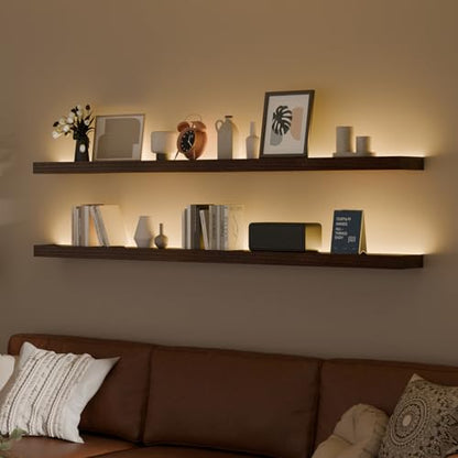 Walnut 60 Inch LED Floating Wall Shelves Set of 2 - Rustic Wooden Shelves for Living Room Bedroom Kitchen Gaming Room