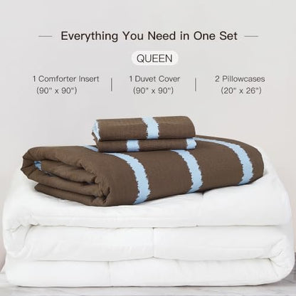 BEDAZZLED Queen Comforter Set with Removable Duvet Cover - Wide Stripes Brown Blue