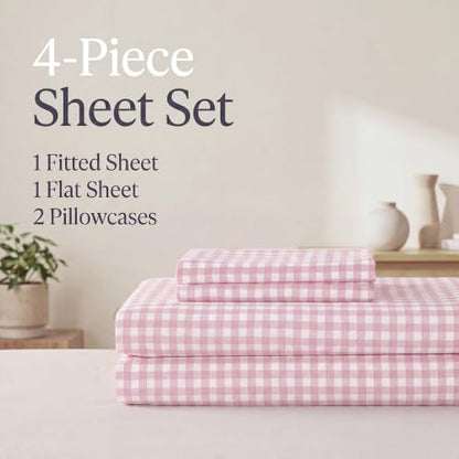 Pink Gingham Twin Sheet Set - 4 Piece Microfiber Plaid Bedding with Deep Pockets