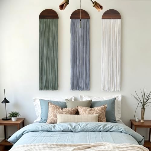 Macrame Wall Hanging Set - Wood Arch Tassel Decor 10x40 Inches, Ivory, Sage Green, Gray