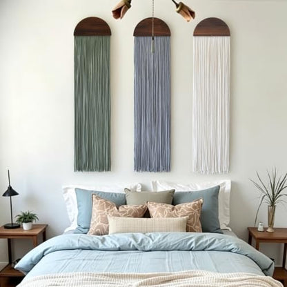 Macrame Wall Hanging Set - Wood Arch Tassel Decor 10x40 Inches, Ivory, Sage Green, Gray