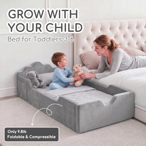 Grey Toddler Floor Bed No Assembly Soft Foam Frame Removable Cover