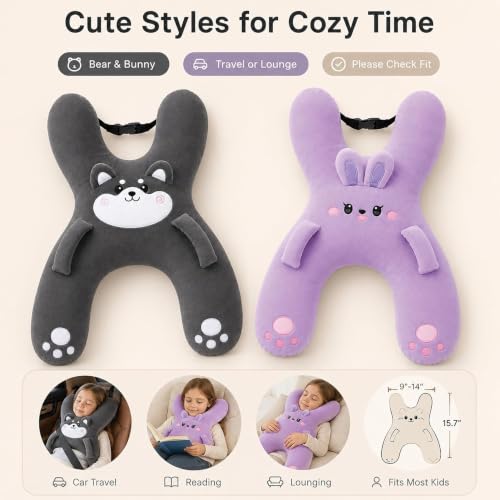 H-Shaped Kids Travel Pillow with Adjustable Strap - Car Neck Rest Cushion for Children - Variation A