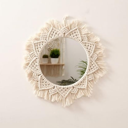 Boho Macrame Wall Hanging Mirror - Woven Rope Decorative Wall Art
