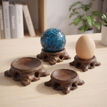 Wood Crystal Sphere Stand Set - Dark Wooden Display Pedestals for Collectibles