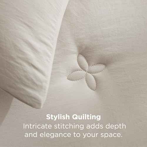 Bedsure King Size Comforter Set Beige, Soft Prewashed King Bedding, Quilted Comforter with Clover Design, Down Alternative Comforter for All Seasons, 3 Pieces Bed Set with 2 Pillow Shams