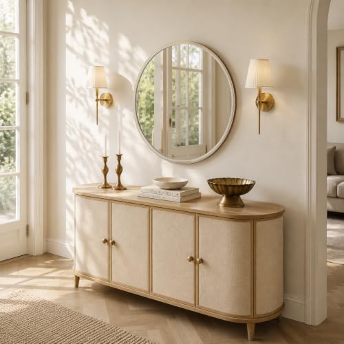WallBeyond 36 Inch Linen-Texture Round Mirror for Bathroom & Bedroom - White Finish