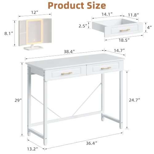 Vanity Desk with Mirror & Lights, White 40" W/ Wooden Drawers
