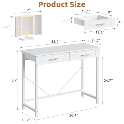 Vanity Desk with Mirror & Lights, White 40" W/ Wooden Drawers
