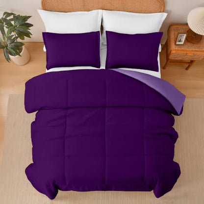 Queen Size Reversible Comforter Set 3 Pieces - Deep/Light Purple, 90x90 Inches, Ultra Soft All-Season Bedding